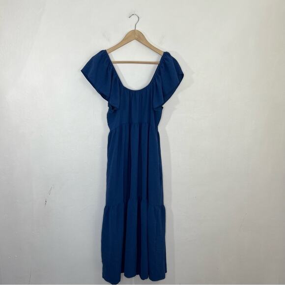 Maggy London Blue Ruffle Sleeve Scoop Neck Tiered Easy Shirtdress Midi Size 8 - Picture 4 of 16